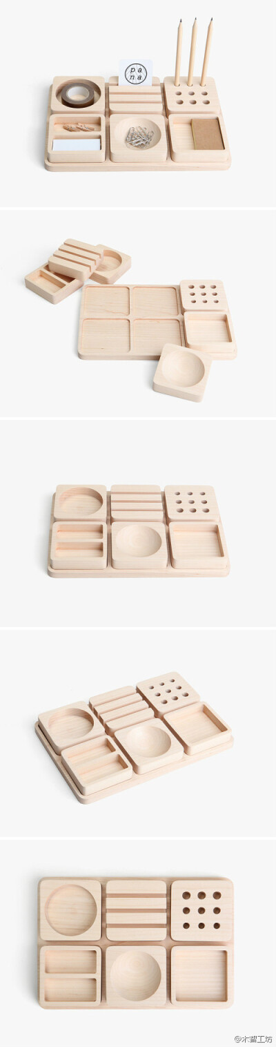 泰国设计师Pana设计的桌上文具6件套，枫木制作。