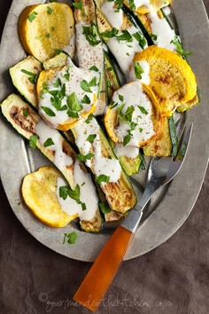 Grilled Zucchini and Summer Squash with Yogurt Cumin Sauce::