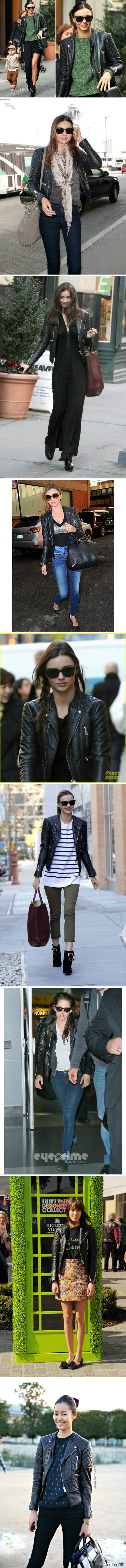 Miranda Kerr 真的是很爱这件 Balenciaga biker jacket， 百搭不腻。这件夹克暮光女，Alexa Chung， 福布斯模特收入排名第五的刘雯也很爱，偶觉得还是可儿最能穿出味道