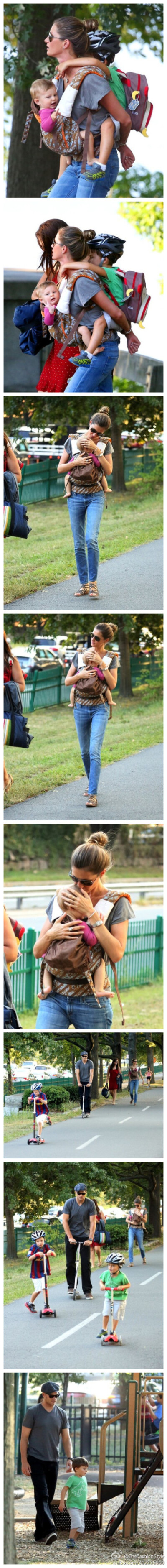 #模特街拍#—— #Gisele Bundchen# and Family at the Park。 2013.08.30 HQ（#高清组图#）#娘娘这背两熊孩子的技巧有够 in！再次感慨！好幸福的一家子啊！#