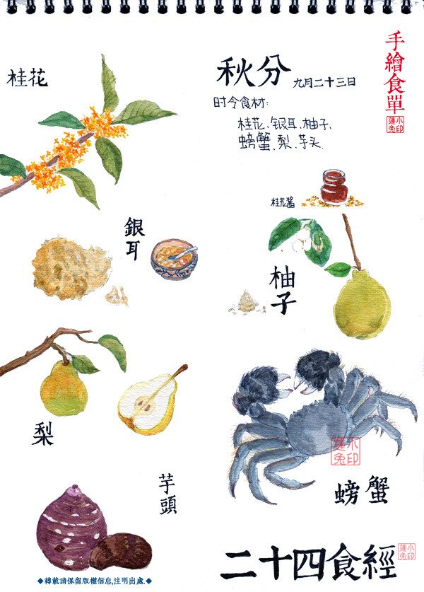 【二十四食经——秋分】时食：桂花、银耳、柚子、螃蟹、梨、芋头、柚子。秋分：农历二十四节气中的第十六个节气，时间一般为每年的9月22或23日。南方的气候由这一节气起才始入秋。螃蟹、柚子、芋头都是不可或缺的角色。 【作者：微博 蓮小兔】PS：过完节，果然懒了。。。