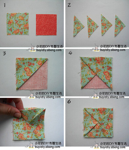 立体折花正方形F制作步骤1-6 1.花布7x7cm4片，素布7x7cm1片。 2.花布对角线折叠。 3.将1片花布对齐素布反面的一角。 4.另一片花布对齐相邻的一角。 5.6.依照顺时针或逆时针方向将4片花布叠好，每片都是一半在上一半在下。