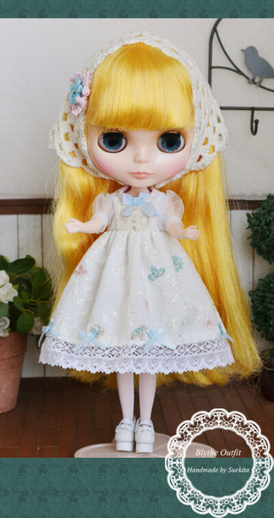 ★【Sue's Blythe】小布娃衣-森林系泡泡纱袖刺绣洋装+围巾.white
