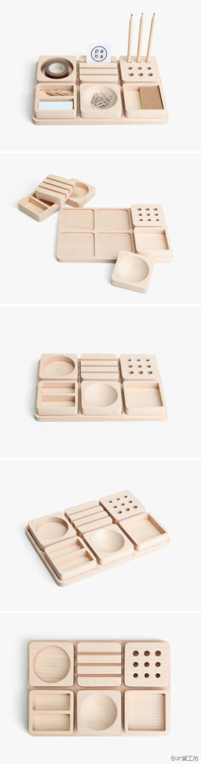 泰国设计师Pana设计的桌上文具6件套，枫木制作。