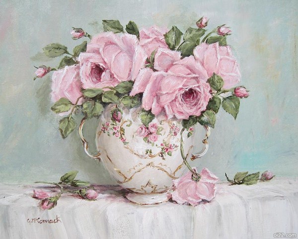 [oi22.com]复古柔嫩粉色玫瑰花油画，来自澳洲艺术家Gail McCormack作品