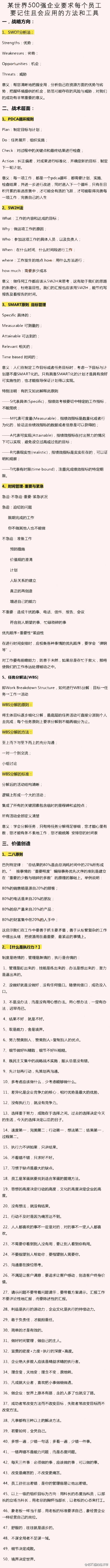 【500强企业要求每个员工要记住且会应用的方法和工具】➊战略方向：SWOT分析法➋战术层面：PDCA循环规则、5W2H法、SMART原则目标管理、时间管理-重要与紧急、任务分解法[WBS]➌价值创造：二八原则、50个执行力方法(制度是绝情的，管理是无情的，执行是合情的)...如图,推荐收藏！ / 转