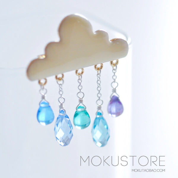 MokuStore●手工●清新云朵+彩色水晶琉璃长项链|毛衣链薄荷雨