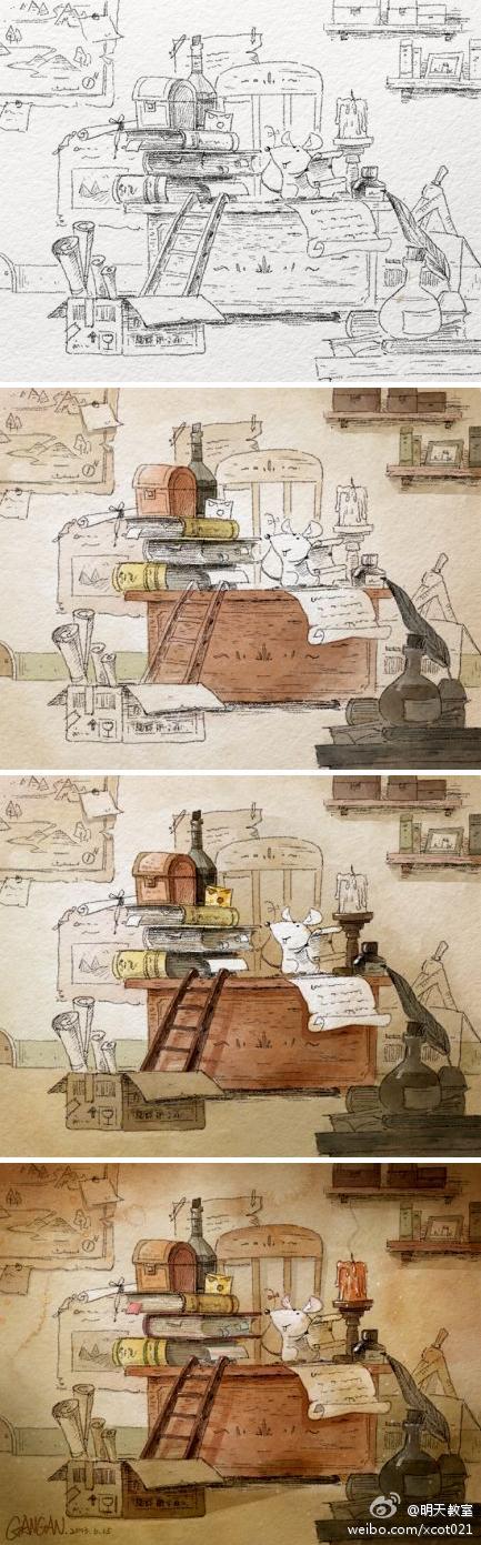 #第2期数码水彩儿童插画周末班#-#课堂示范# 室内场景的表现过程图。此课程第3期周末班于7月6日本周六开课，欢迎在上海的朋友来免费试听,预约可私信也可在网站留言http://t.cn/zQPGZeW @干干水彩插画