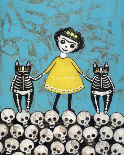 Frida y Gatos Original Folk Art Digital Print