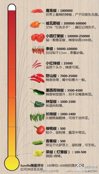 【传说中的辣椒辣度排名 你能吃到哪一层？】#布粉身边事#千万不要以为自己很能吃辣，这里有个传说中的辣椒辣度排名，魔鬼椒、哈瓦那椒、小圆灯笼椒、泰椒、小红辣椒、野山椒……爱吃辣椒的四川小伙伴，来看看你的吃…