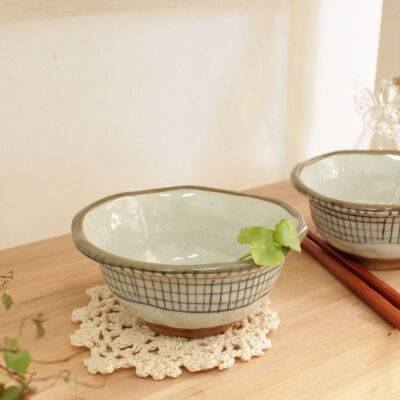 陶瓷青花格子图案异形饭碗小汤碗餐具陶土制可做小花盆zakka