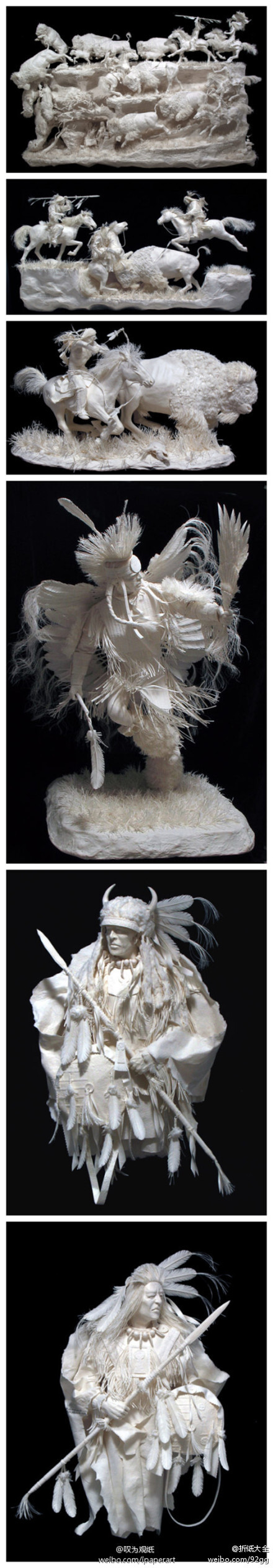 #纸艺欣赏#由两位艺术家Allen & Patty Eckman带来的超精致纯白纸雕作品。作品非常生动地描绘出了印第安原住民的人物形象和狩猎场景，并十分具有动态感。这一系列纸雕作品在制作过程上也非常复杂，首先将纸浆与棉等不同材质混合注入模型，把其中的水分取出后脱模，再在半成品上进行修改装饰并添加细节。