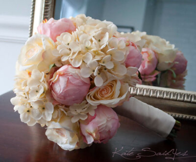 Shabby Chic Wedding Bouquet - Peony Rose and Hydrangea Ivory and Blush Wedding Bouquet