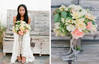 pale yellow and coral romantic wedding bouquet