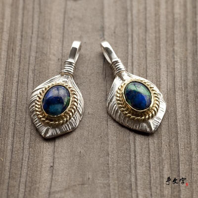 手文字 goro's Vintage 印第安 孔雀青金石镶嵌 纯银小羽毛 葵扇