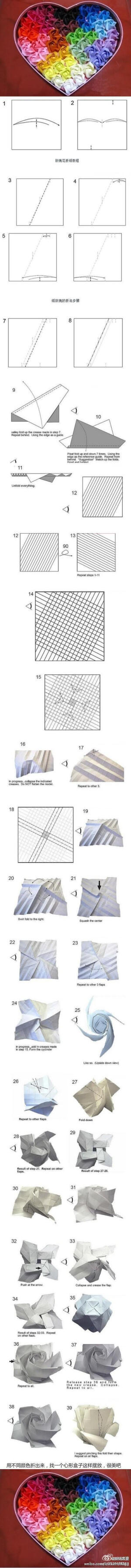 〖川崎玫瑰折纸技法详解〗女孩都喜欢玫瑰花，那么给她一个惊喜吧!（图转）
