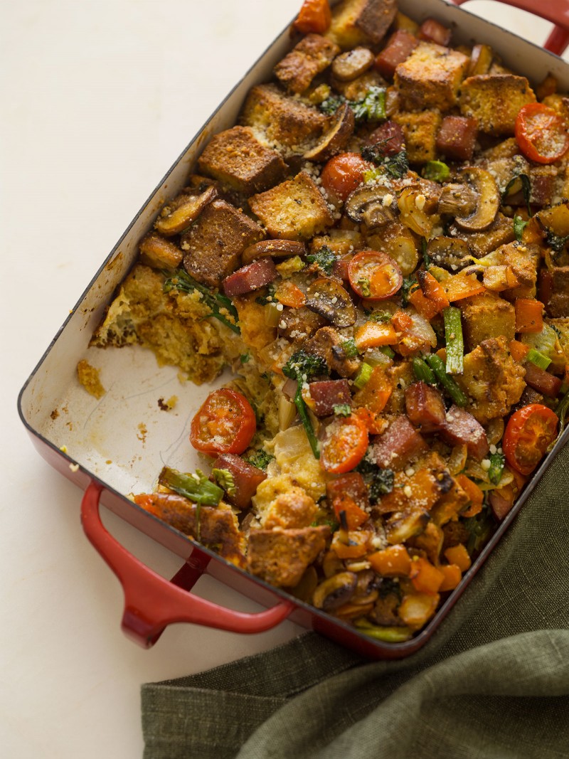 A recipe for Savory Bread Pudding using Sour Cream and Chive Biscuits.