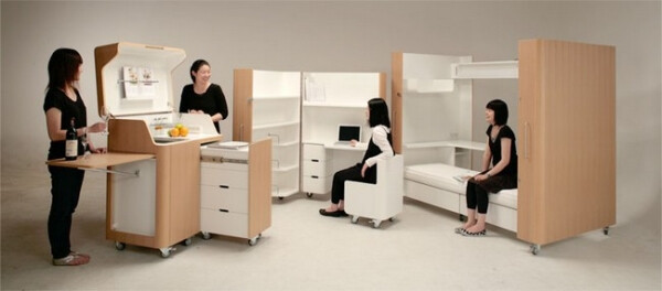 日本公司Atelier OPA在2010年专为小型空间设计了这组名为「Kenchikukagu」的一套家具，这一系列作品包括了折叠卧床、折叠办公桌和移动厨房。它们在不使用时可以折叠成简洁优雅且极省空间的「柜子」，而需要时，就能拉伸或展开成固然小巧、但却一应齐备的功能空间。