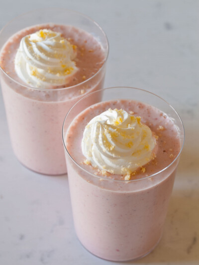 Roasted Strawberry Shortcake Shake topped with crumbled pound cake.