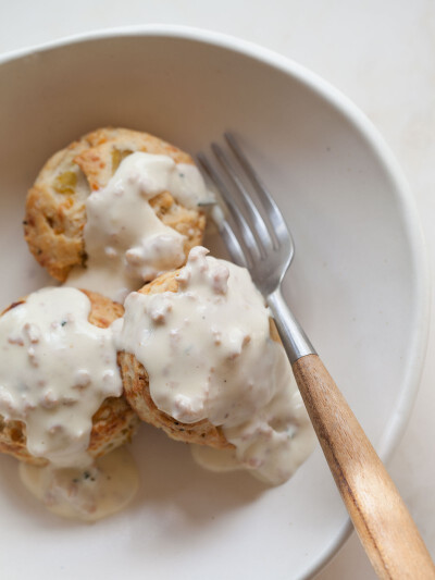 A great recipe for Country Gravy with Green Chile Biscuits.