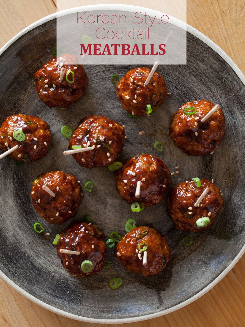 Cocktail meatballs with a Korean chili sauce, topped with green onions.