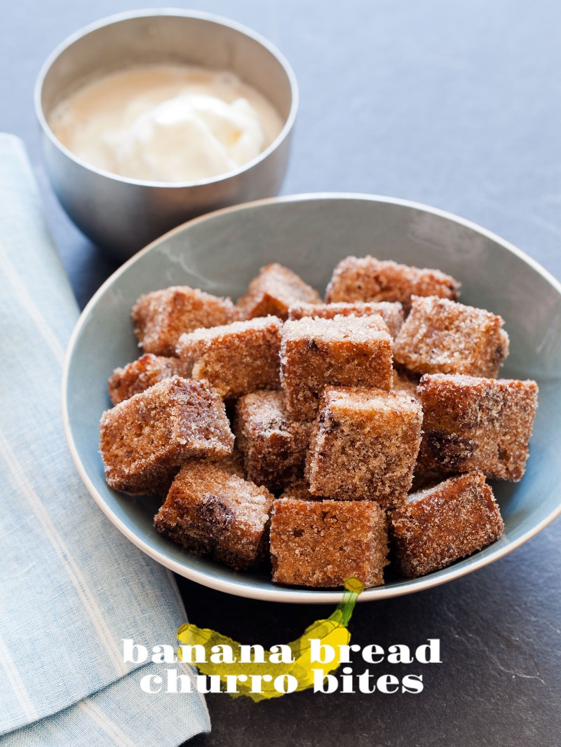 Banana Bread cut into cubes and fried, served with an ice cream dipping sauce.