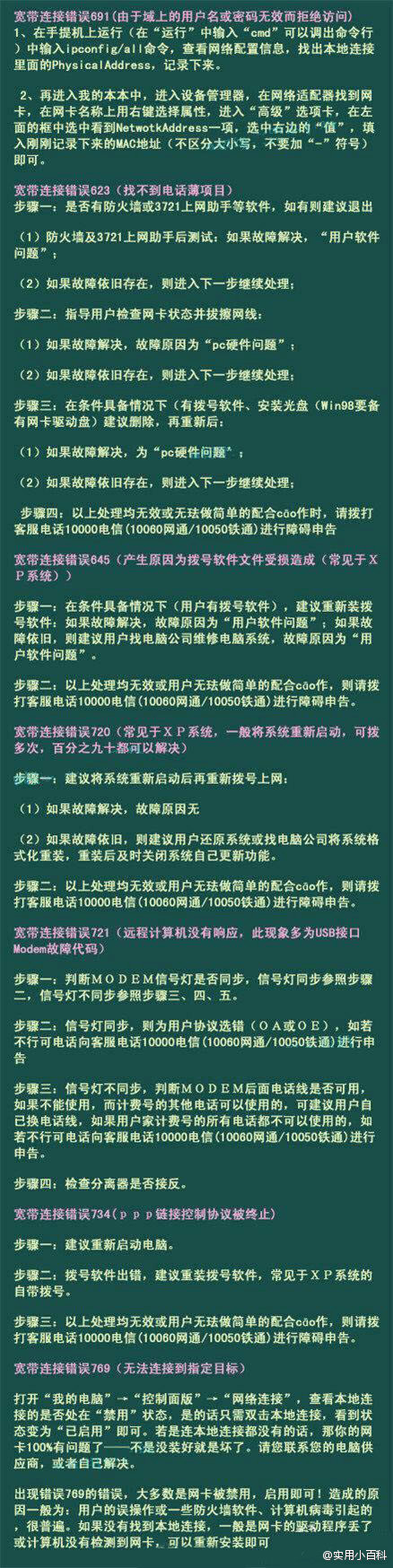 【宽带连接错误的处理办法】 教你如何解決常见的宽带连接错误691、623、645、720、721、734、769…