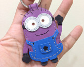 Inspired Cartoon Character - Despicable Dave the Minion Handmade Leather Keychain / Charm ( Purple / Blue )