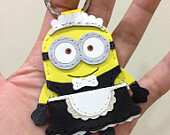 Inspired Cartoon Character - Despicable Me Maid Minion Handmade Leather Keychain / Charm ( Yellow / Black )