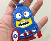 Inspired Cartoon Character - Despicable Me Captain Amercia Minion Handmade Leather Keychain / Charm ( Blue )