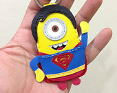 Inspired Cartoon Character - Despicable Me Superman Minion Handmade Leather Keychain / Charm ( Blue )