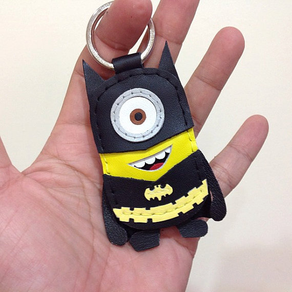 Inspired Cartoon Character - Despicable Me 2 Batman Minion Handmade Leather Keychain / Charm ( Black )