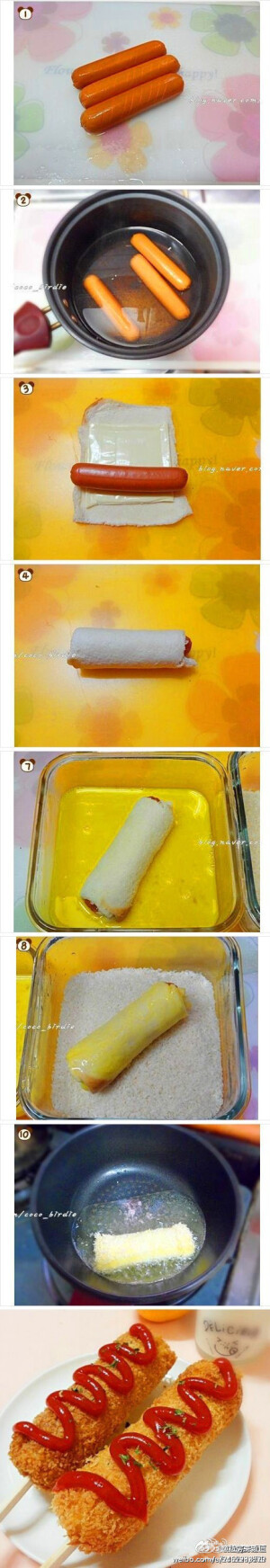 【芝士热狗】1.火腿肠用刀划些口子；2.放到热水里泡1分钟；3.把面包切成方块，然后在上面一次放入芝士和火腿；4.卷起来，插上竹签；5.沾蛋液再沾面包屑；6.再重复沾一次；7.下油锅炸至金黄；8.挤上番茄酱或者你喜欢的酱料即可~ 简单又洋气，小吃货们大展身手的时候到咯~（转）