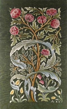 A (William) Morris &amp; Co ‘Oak’ silk panel embroidered by Helen, Lady Lucas Tooth in the early 20th century. The original design is attributed to John Henry Dearle.