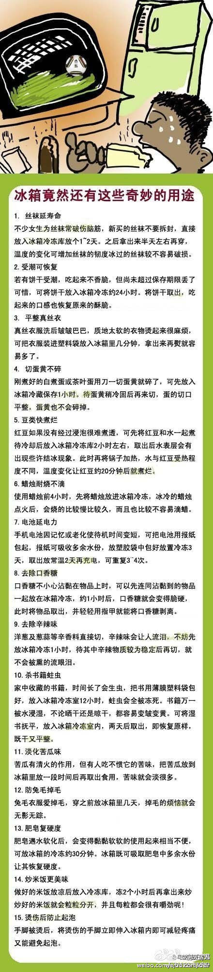 【冰箱竟然还有这些奇妙的用途】：大多数人把冰箱买回家，一般只会用它来冷藏和保鲜食物，殊不知，冰箱其实还有很多妙用之处，这些新的用途可以给你生活带来更多的方便。（转）