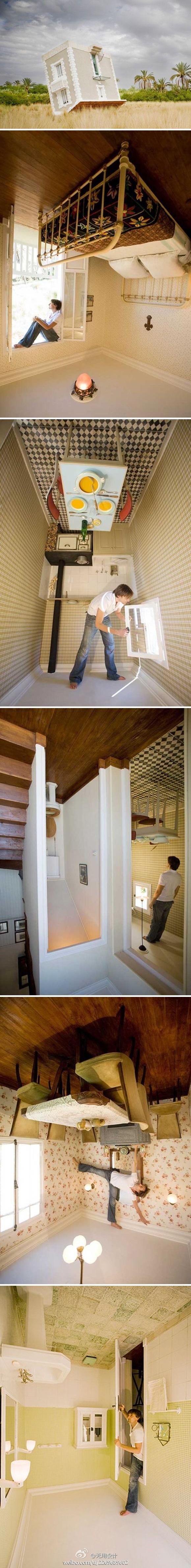 而是百分百打造的模拟翻转,整个房子和空间内的物品都是颠倒的样子