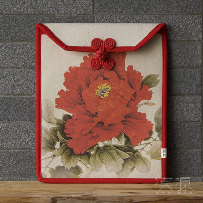 漠源中国风原创复古ipad包盘扣帆布手拿包ipad布袋印花布包牡丹