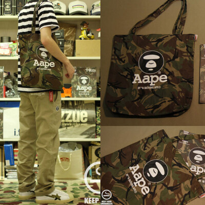 正品代购 潮牌购物袋 猿人头 AAPE 迷彩环保袋 单肩包