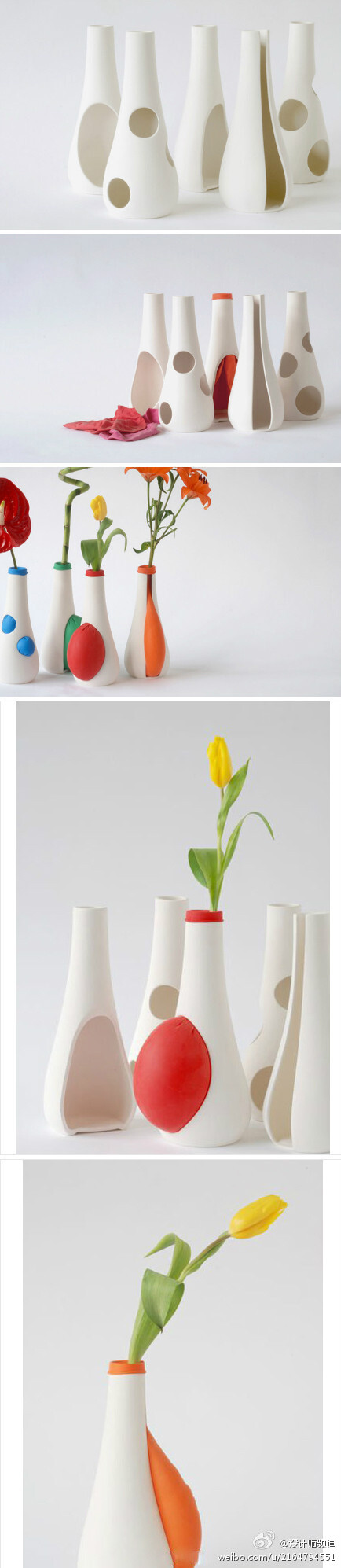 可以膨胀的花瓶，放置在陶瓷瓶内不同颜色的装满水的气球，穿孔而出，可以创造出各种各样不同的组合！