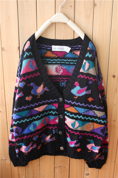 VINTAGE 森林系 纯手工编织开通图案 开衫 复古毛衣