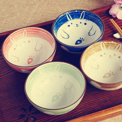 陶瓷手绘胖兔4色入圆碗套装 日式创意餐具饭碗菜碗面碗小汤碗套碗