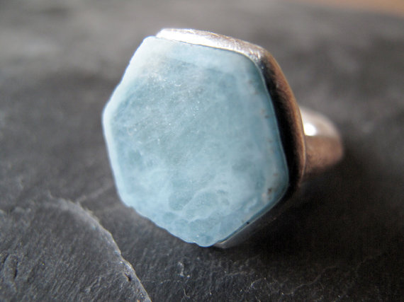 AQUAMARINE // Sterling silver ring with natural hexagonal Aquamarine slice - MADE to ORDER