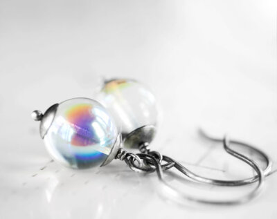 Soap Bubble Earrings - Sterling Silver Clear Czech Glass Iridescent Rainbow Aurora Oxidized Silver