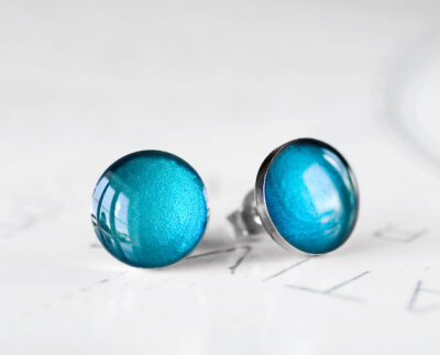 Peacock Resin Stud Earrings - Deep Ocean Aqua Blue Turquoise Shimmer Post Earrings