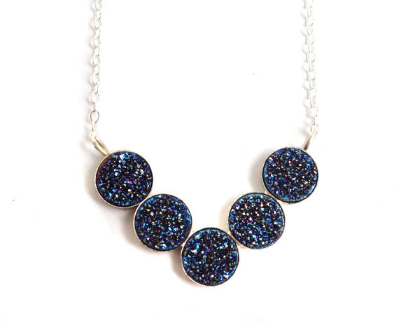 Blue Drusy V Necklace- Handmade in Sterling Silver