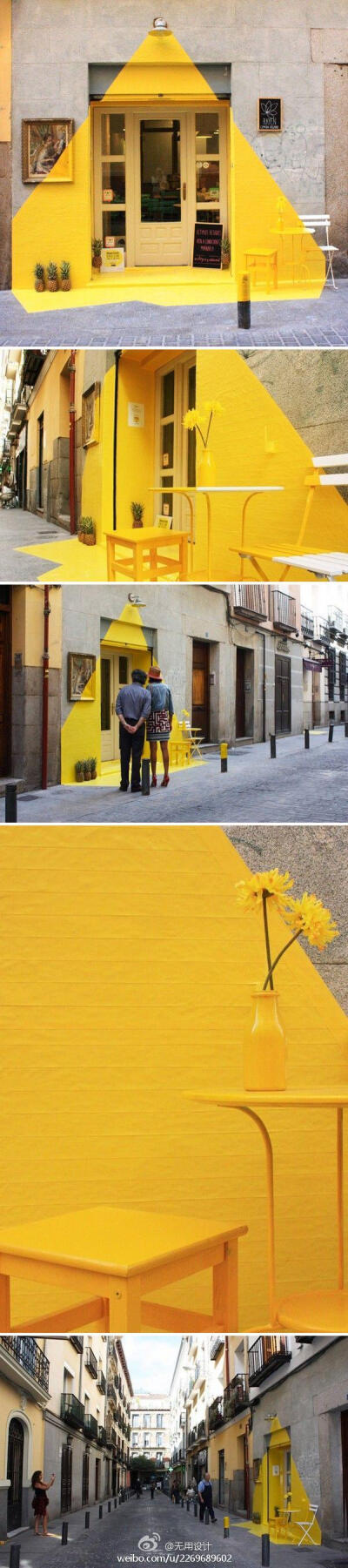 (fos) 是一个跨界工作室，其首个作品是在马德里一家素食餐厅的店门口制作了一个短期装置，这个装置也名为 (fos)，希腊语中意为“光”。他们使用黄色胶带、装饰画、几只菠萝和店门口的一盏灯创造了灯点亮后的效果，明…