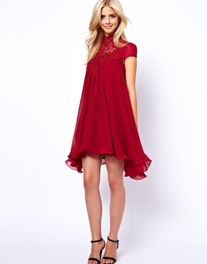 Image 1 of?Lydia Bright Swing Dress With Lace Neck