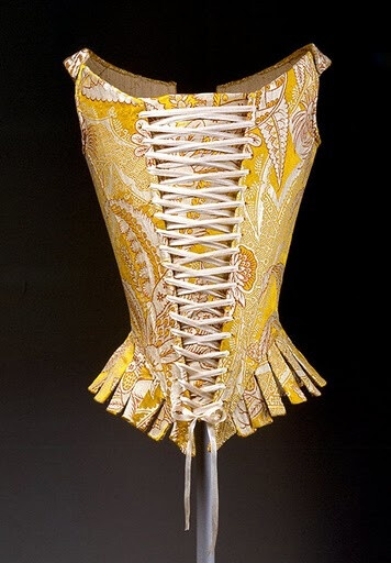 Corset, 1770s Italian Yellow, red, and ivory silk compound weave Gift of The Metropolitan Museum of Art, 1940 (C.I.40.173.6a–e). By the 1770s, steel was being used in stays, which increased their strength, though not their flexibility.