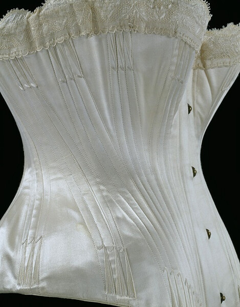 Wedding corset (satin, silk thread flossing and silk braid; lined with coutil) made by Edwin Izod, England, 1887. http://collections.vam.ac.uk/item/O115825/wedding-corset/