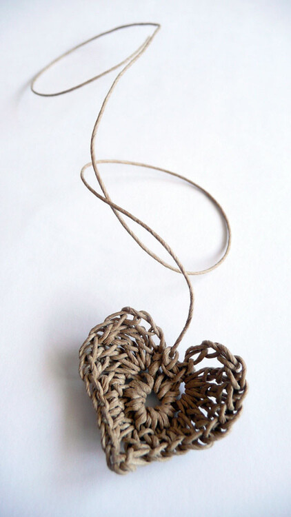 Heart on a string - crocheted with natural brown paper twine